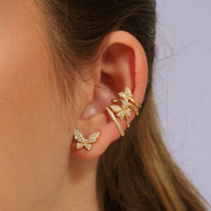 Kit brinco borboleta cravejada com piercing fake cravejado banhado em ouro 18k