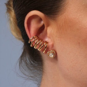 Kit brinco coração cravejado com piercing fios lisos banhado no ouro 18k