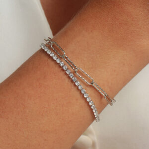 Pulseira dupla fileira de zircônias e elos alongados slim banhado em ouro branco