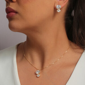 Conjunto zircônias ovais dupla cristal banhado em ouro 18k