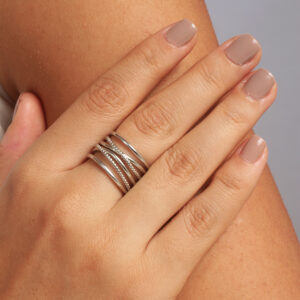 Anel regulável duplo em X com fios, banhado em ouro branco