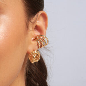 Kit brinco trançado com piercing fake fios banhado em ouro 18k