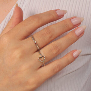 Kit de anéis aro coração liso vazado junto anel aro corrente banhado em ouro branco