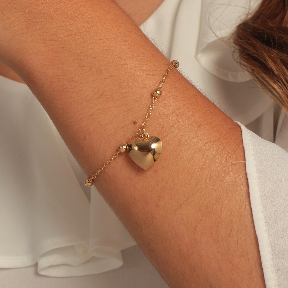 Pulseira elinhos com bolinhas pingente coração liso banhado em ouro 18k