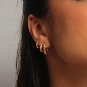 Trio de argolinhas cravejada texturizadas banhado em ouro 18k