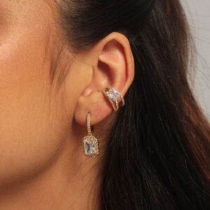 Kit brinco e piercing fake zircônia retangular cristal cravejada banhado em ouro 18k