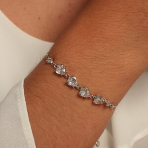 Pulseira ajustável zircônia de corações cristais banhado em ouro branco