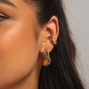 Kit brinco orgânico design vazado com piercing fake liso banhado em ouro 18k