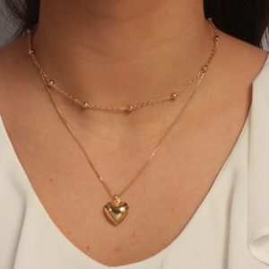Kit de colares elinhos com bolas espaçadas e veneziana com coração liso banhado em ouro 18k