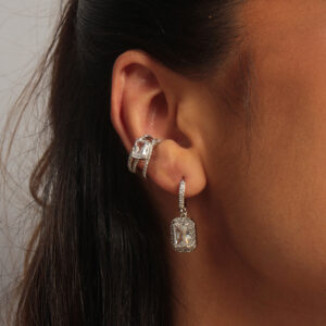 Kit brinco e piercing fake zircônia retangular cristal cravejada banhado em ouro branco