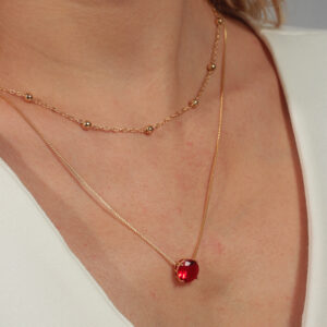 Kit de colares corrente elinhos com bolinhas e veneziana com pingente redondo vermelho banhado no ouro 18k