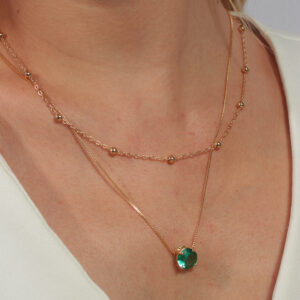 Kit de colares corrente elinhos com bolinhas e veneziana com pingente redondo verde banhado no ouro 18k