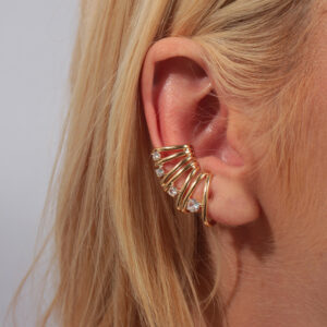 Ear cuff  fios lisos com pontos de luz cristal banhado em ouro 18k