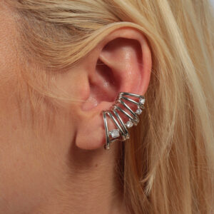 Ear cuff  fios lisos com pontos de luz cristal banhado em ouro branco