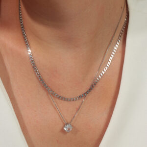 Kit de colares corrente grumet e veneziana com pingente redondo zircônia cristal banhado em ouro branco