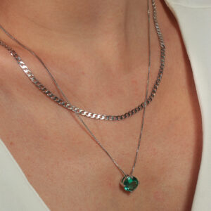 Kit de colares corrente grumet e veneziana com pingente redondo zircônia verde banhado em ouro branco