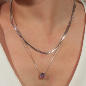 Kit de colares corrente grumet e veneziana com pingente redondo zircônia rosa banhado em ouro branco