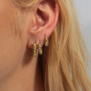 Trio de argolinhas click com zircônias amarelas banhado em ouro branco