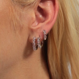 Trio de argolinhas click com zircônias rosa banhado em ouro branco