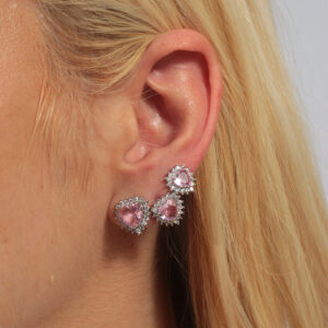 Trio de brincos zircônia rosa com adorno cravejado banhado em ouro branco