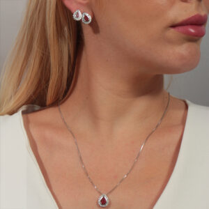 Conjunto gota zircônia vermelho adorno cravejado banhado em ouro branco