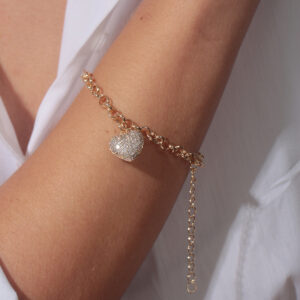 Pulseira elos redondos com pingente coração todo cravejado banhado em ouro 18k