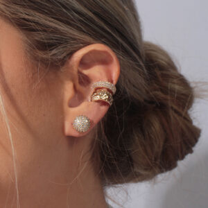 Kit brinco meia bola pavê piercing fake design orgânico e cravejado banhado em ouro 18k