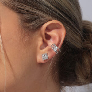 Kit brinco e piercing fake de zircônia retangular cristal cravejado banhado em ouro branco