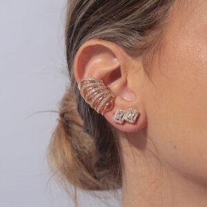 Kit brinco dois retângulos cristal com piercing fake fios cravejados banhado em ouro 18k