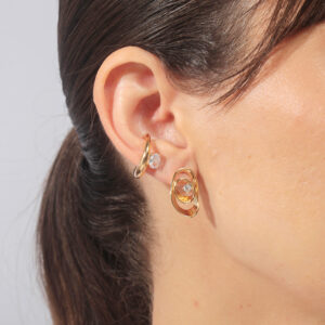 Kit brinco design orgânico com zircônia delicada e piercing fake banhado em ouro 18k