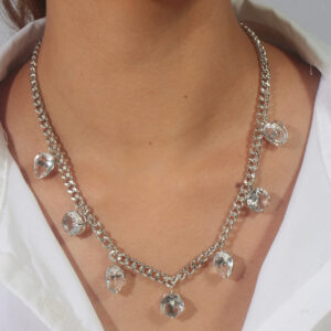 Colar grumet com pingentes de gotas e redondos com zircônias cristais banhado em ouro branco