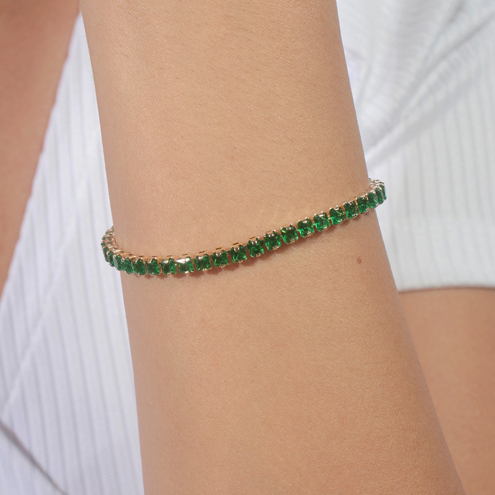 Pulseira riviera 17cm verde esmeralda banhada em ouro 18k