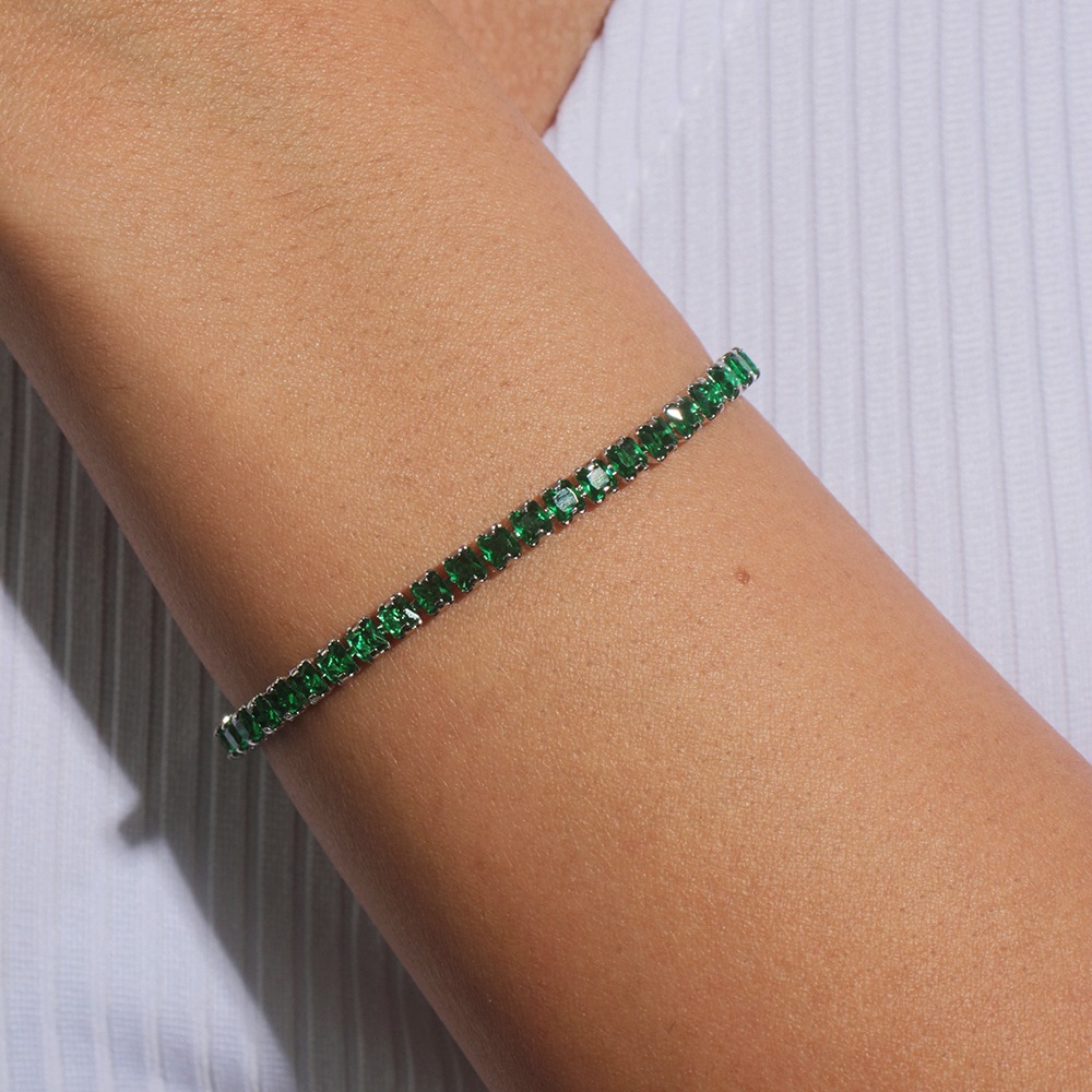 Pulseira riviera 17cm verde esmeralda banhada em ouro branco