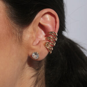 Brinco ponto de luz cristal com maxi piercing fios banhado em ouro 18k
