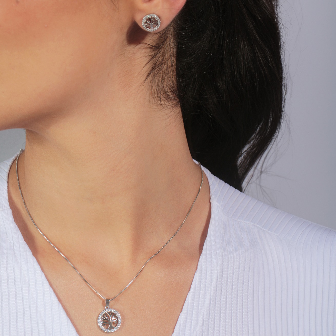 Conjunto árvore da vida cravejado banhado em ouro branco