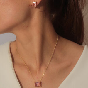 Conjunto retangular rosa banhado em ouro 18k