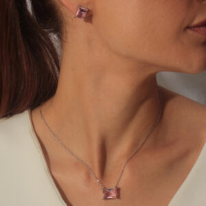 Conjunto retangular rosa banhado em ouro branco