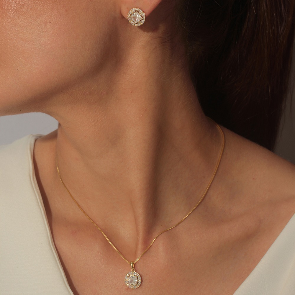 Conjunto redondo cristal adorno cravejado banhado em ouro 18k