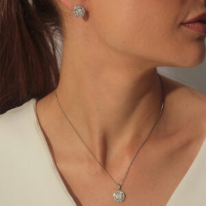 Conjunto redondo cristal adorno cravejado banhado em ouro branco